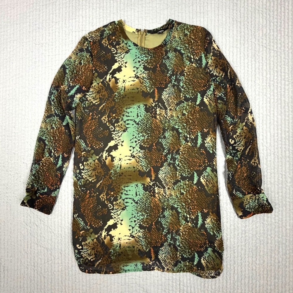 Olivaceous Womens Snake Print Long Sleeve Blouse Green Brown Tunic Top Size M